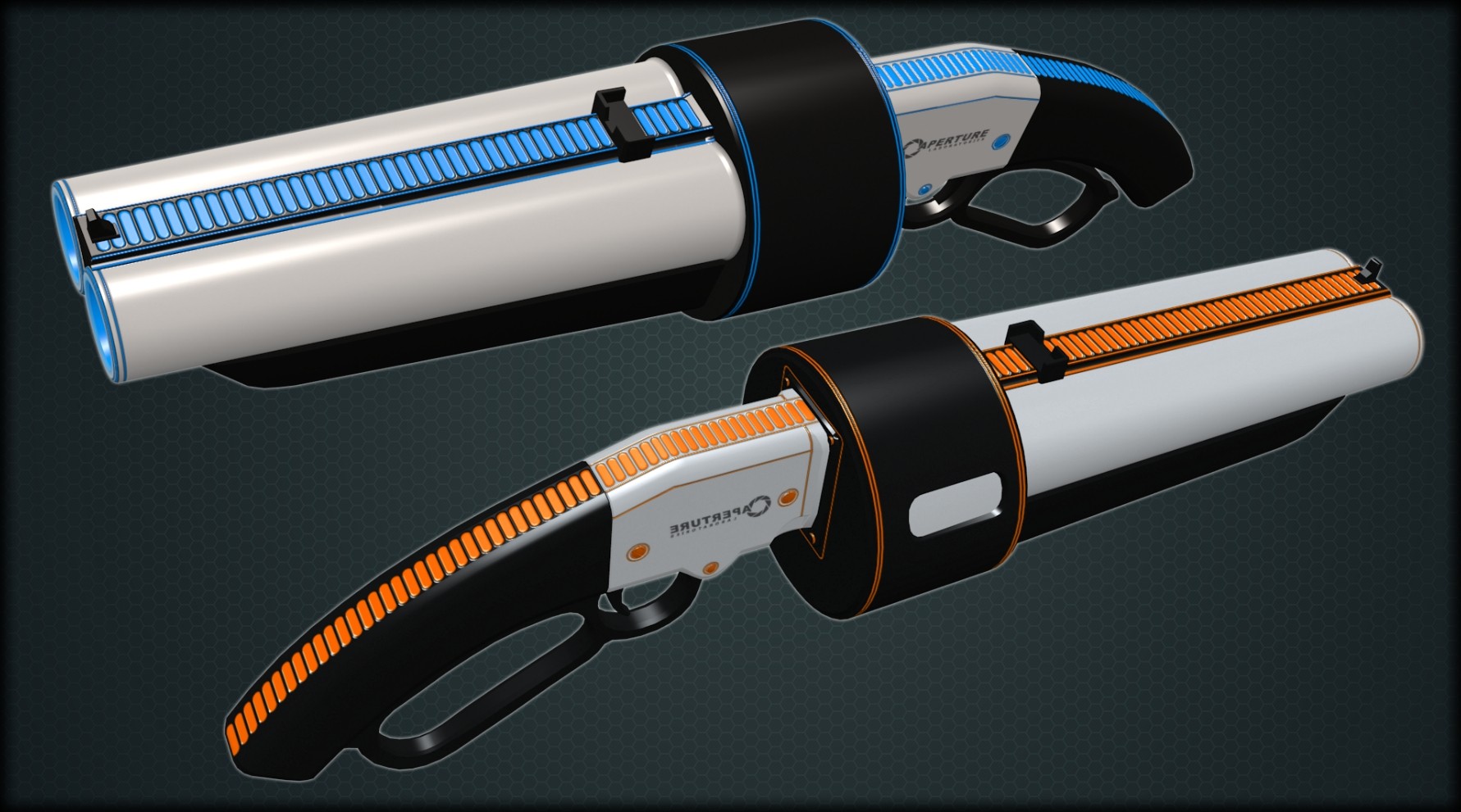 Two scatterguns from Team Fortress 2, themed in stark black and white, one with orange accents 
      and the other blue. They look as though made by the Aperture Science company from the Portal series.
