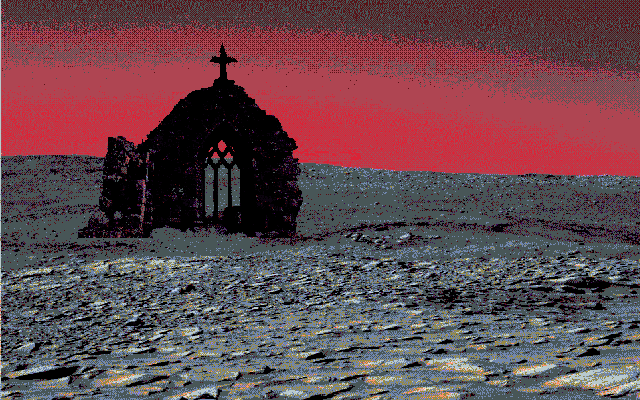 A background image from Girl Purgatoriem. The ruins of a church in an expanse of sand, set against a crimson sky.