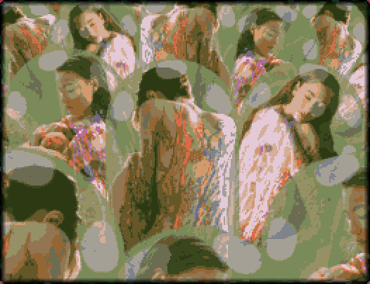 A screenshot from EROSTASIS. Human bodies in the fetal position, encased in pods.