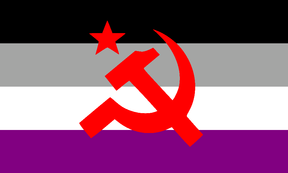 An asexual pride flag with a yellow hammer and sickle overlaid in the middle.